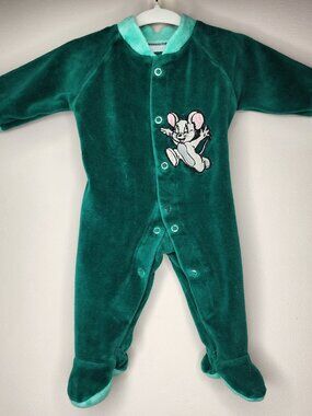 Vintage Velour Footed Baby Onesie — Teal/Mint, 9-12M | Snap Button Sleeper